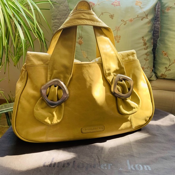 ✨Christopher Kon✨ Yellow Leather Handbag W/Chrome Buckle Hardware & Dusk Bag - Picture 2 of 16